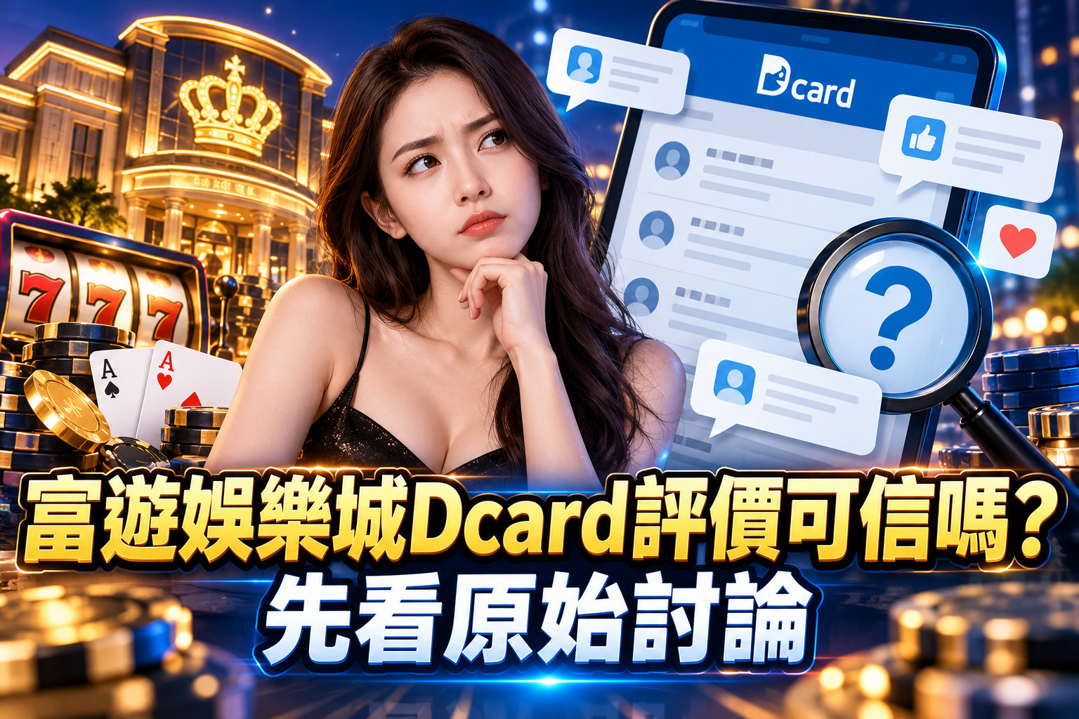 圖片以華麗娛樂城與Dcard討論介面為背景，結合人物思考神情、放大鏡及問號，呈現玩家對富遊娛樂城評價的疑慮。 透過金藍色調與醒目標題，強調查閱原始討論、辨別評價真偽的重要性，提醒玩家避免輕信網路評論。