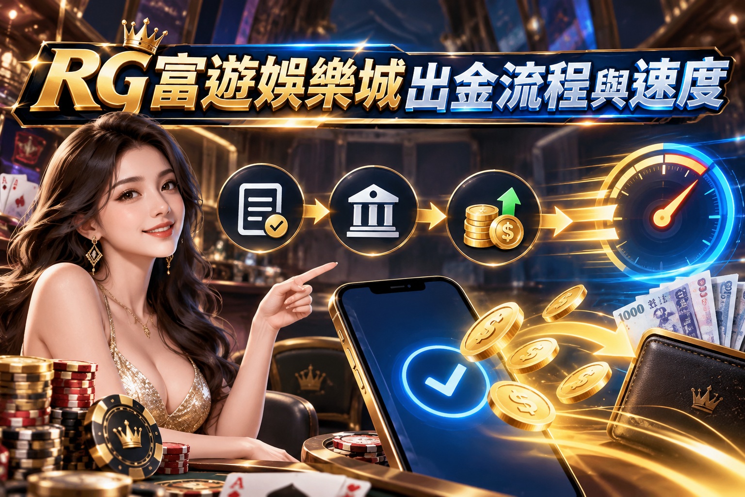 圖片以金色與藍色科技風格呈現RG富遊娛樂城出金流程，結合手機、銀行、金幣與驗證圖示，展現提款操作步驟。 搭配速度儀表與資金轉移特效，突顯出金效率、帳戶安全驗證及玩家應注意的提款流程與時間。 